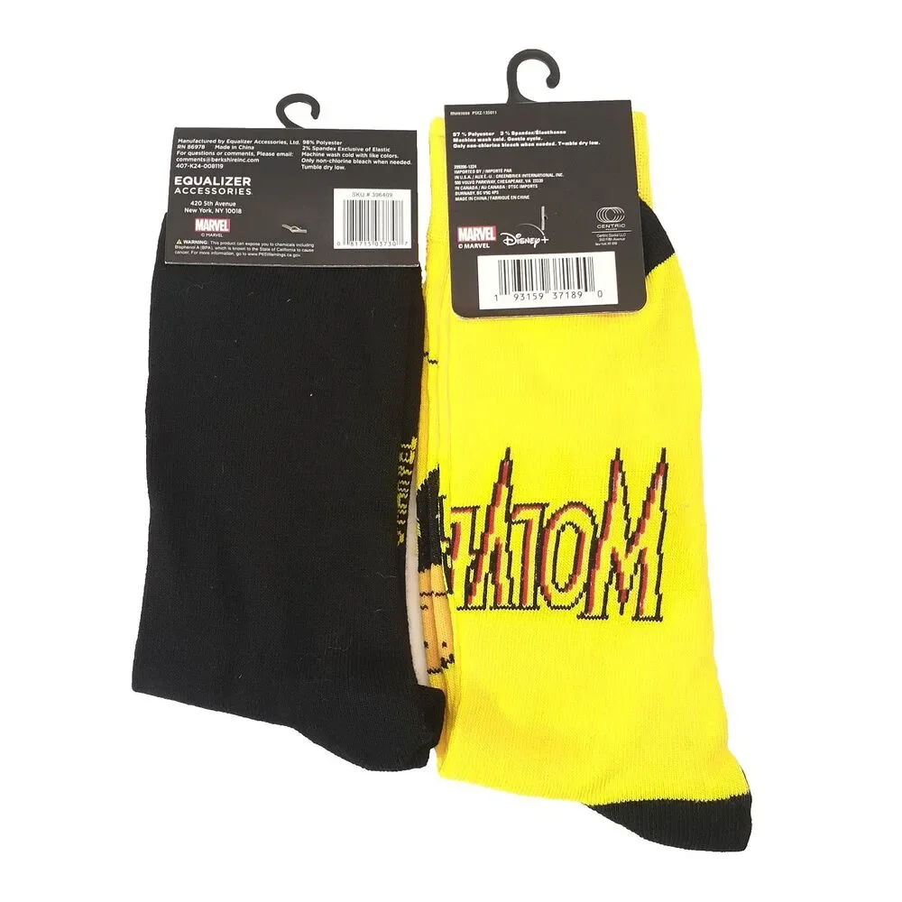 Marvel XMen WOLVERINE 2-pair Cartoon Novelty Mens Adult Size 6-12 Crew Socks NWT